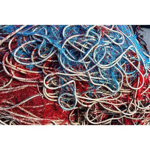 Italy-Apulia-Province of Lecce-Gallipoli Texture detail of fishing nets in red-white-and blue